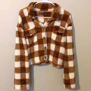 Brown and White plaid fluffy jacket